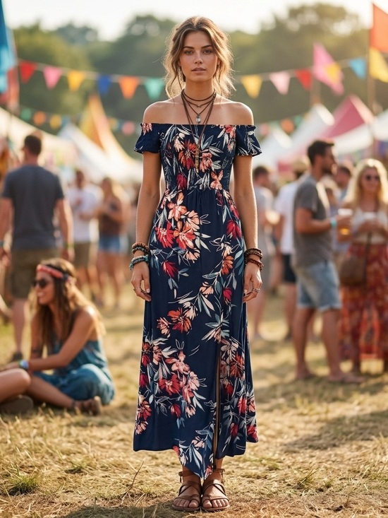 Band of Gypsies Dresses & Skirts - Band of Gypsies Boho Floral Off The Shoulder Smocked Maxi Dress Navy XS Summer